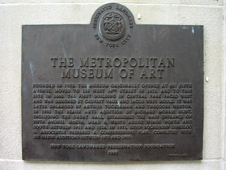 Landmarks Plaque, Metropolitan Museum of Art, 1000 Fifth Avenue at 82nd Street, Manhattan