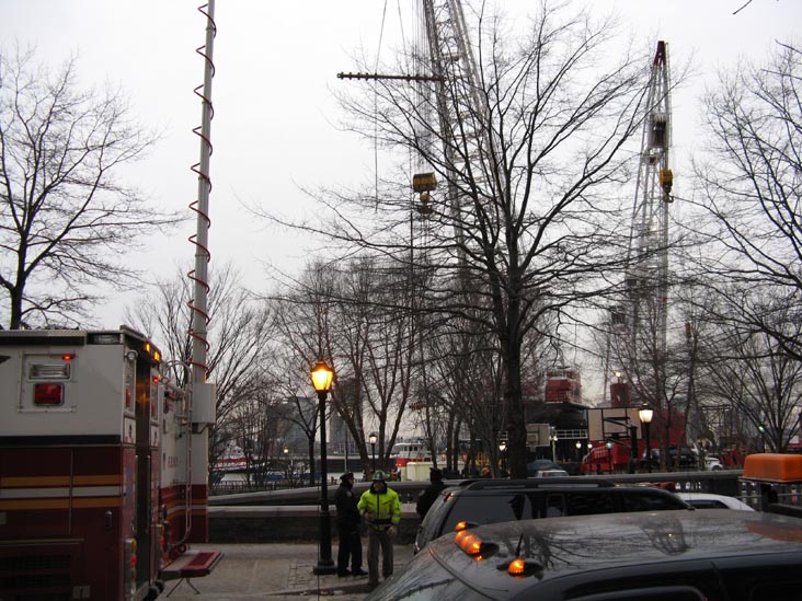 Cranes Ready To Raise US Airways Flight 1549 Fuselage, Battery Park City Waterfront, Lower Manhattan, January 17, 2009, 4:26 p.m.