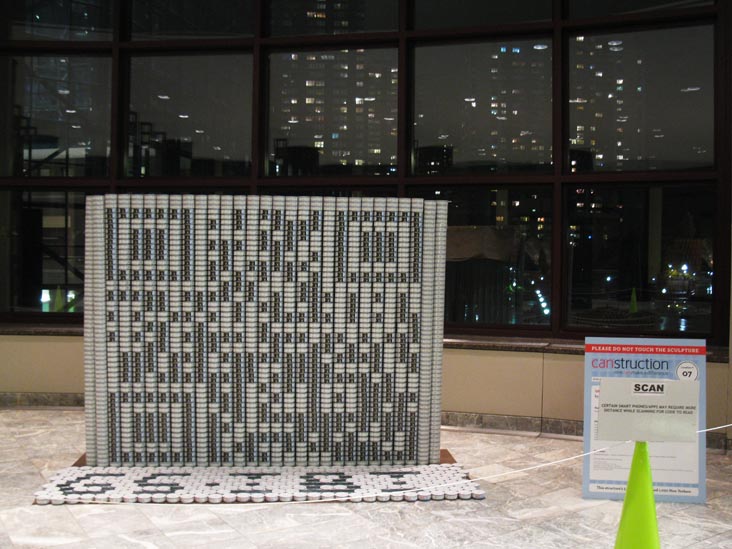 QR-CAN:Link To Fight Hunger By Gruzen Samton IBI Group, Canstruction 2011, World Financial Center, Battery Park City, Lower Manhattan, November 16, 2011