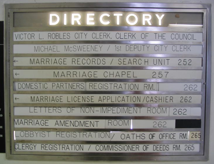 Directory, Office of the City Clerk, Municipal Building, 1 Centre Street, 2nd Floor South, Lower Manhattan