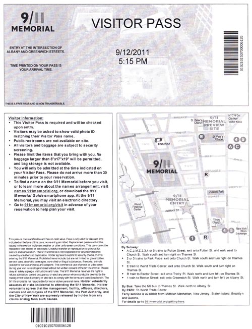 Visitor Pass, September 11 Memorial, World Trade Center, Financial District, Lower Manhattan, September 12, 2011