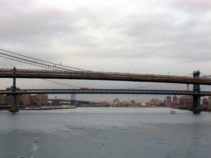 Brooklyn, Manhattan and Williamsburg Bridges from Pier 17, South Street Seaport, Lower Manhattan