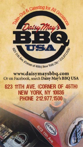 Business Card, Daisy May's BBQ, 623 Eleventh Avenue, Clinton-Hell's Kitchen, Manhattan