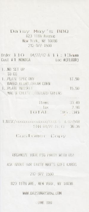 Receipt, Daisy May's BBQ, 623 Eleventh Avenue, Clinton-Hell's Kitchen, Manhattan, April 27, 2012