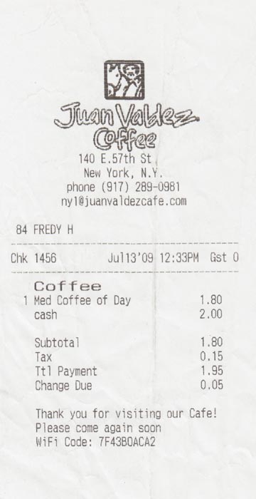 Receipt, Juan Valdez Cafe, 140 East 57th Street, Midtown Manhattan, July 13, 2009