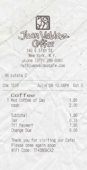 Receipt, Juan Valdez Cafe, 140 East 57th Street, Midtown Manhattan, July 14, 2009