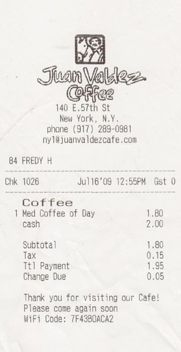 Receipt, Juan Valdez Cafe, 140 East 57th Street, Midtown Manhattan, July 16, 2009