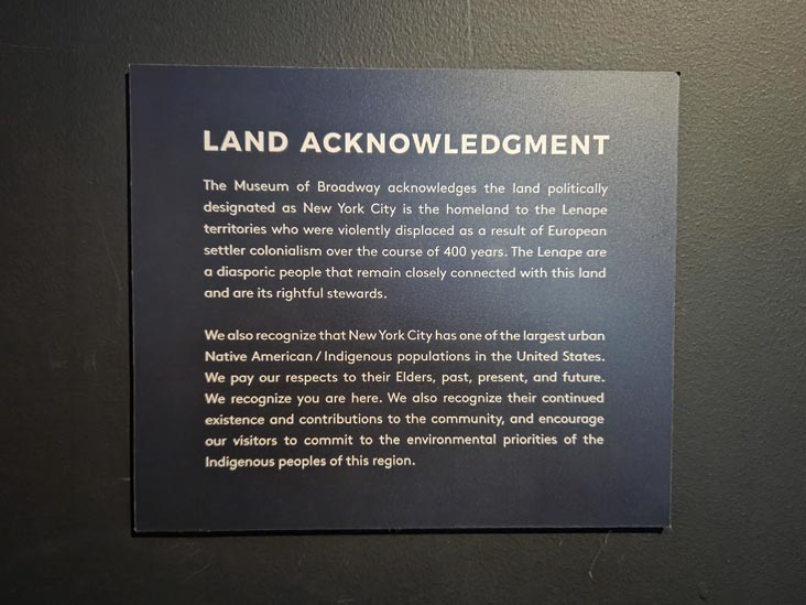 Land Acknowledgment, The Museum of Broadway, Midtown Manhattan, November 26, 2025
