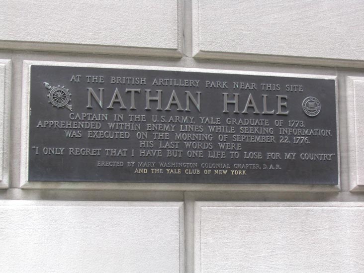 Nathan Hale Daughters of the American Revolution and Yale Club Plaque, Northwest Corner of 44th Street and Vanderbilt Avenue, Midtown Manhattan