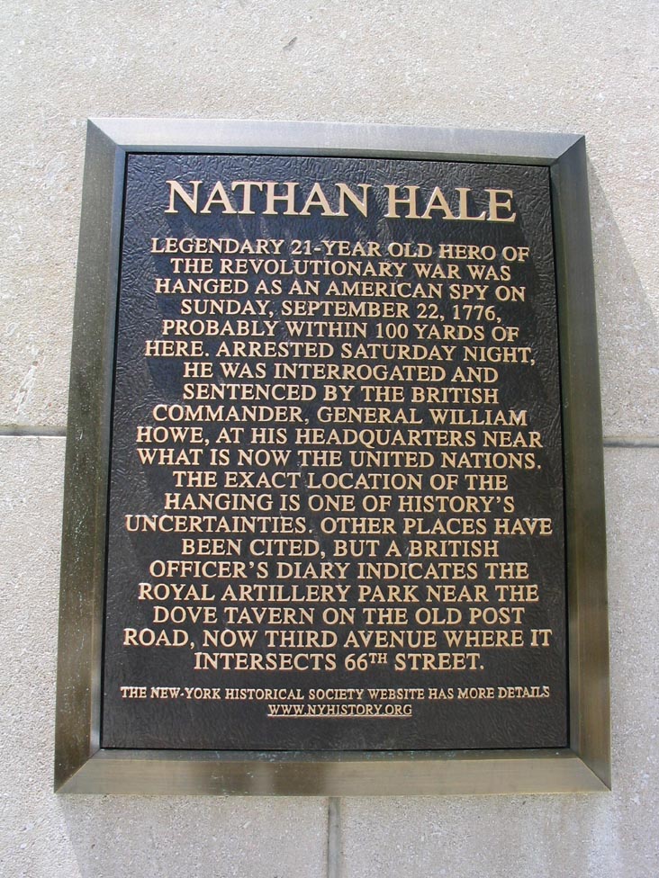 Nathan Hale New-York Historical Society Plaque, Northwest Corner of 66th Street and Third Avenue, Upper East Side