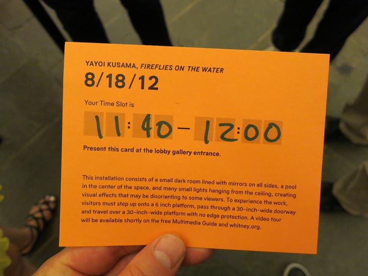 Yayoi Kusama Fireflies on the Water Ticket, Whitney Museum of American Art, 945 Madison Avenue at 75th Street, Upper East Side, Manhattan, August 18, 2012