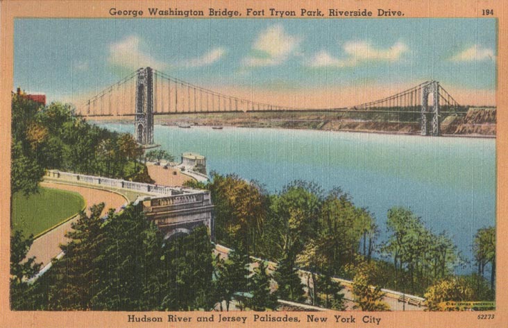 Postcard, George Washington Bridge, Fort Tryon Park, Riverside Drive, Washington Heights, Manhattan