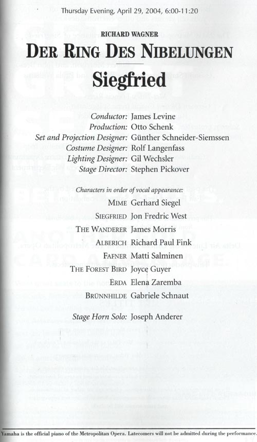Siegfried (Ring Cycle) Playbill, April 29, 2004, Metropolitan Opera House, Lincoln Center for the Performing Arts, Upper West Side, Manhattan