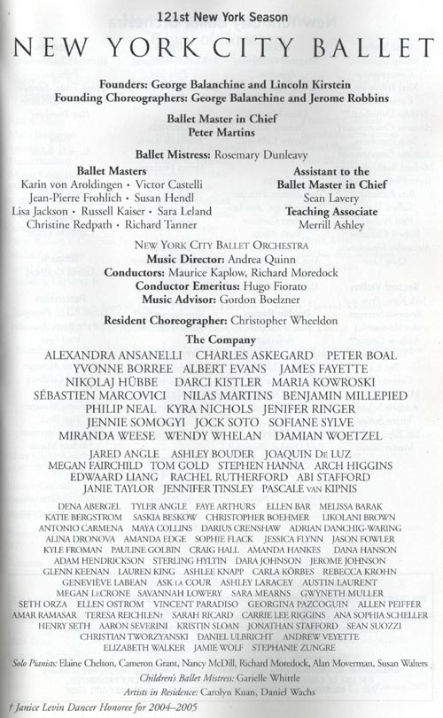 New York City Ballet Playbill, January 2005, New York State Theater, Lincoln Center for the Performing Arts, Upper West Side, Manhattan