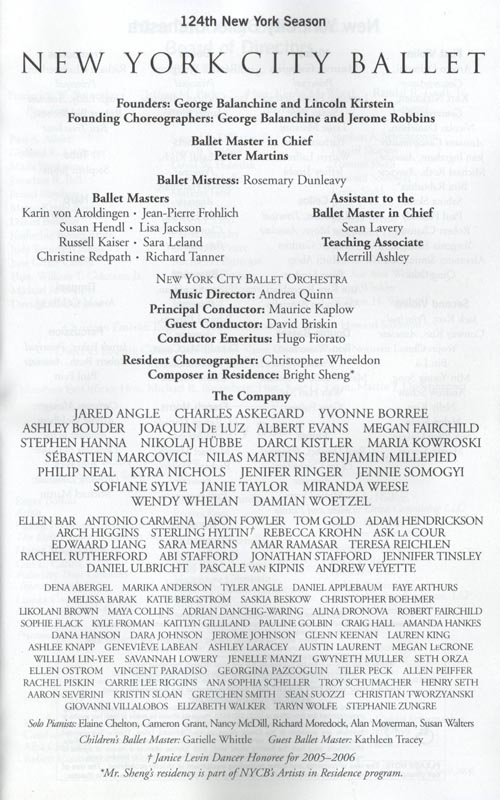 New York City Ballet Playbill, June 2006, New York State Theater, Lincoln Center for the Performing Arts, Upper West Side, Manhattan