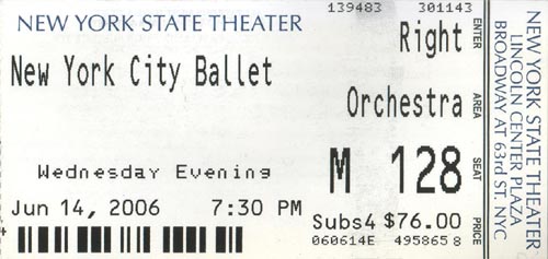 Ticket, New York City Ballet, New York State Theater, Lincoln Center for the Performing Arts, Upper West Side, Manhattan, June 14, 2006