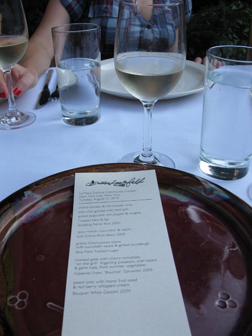 Menu, Outstanding in the Field Bill Telepan Dinner, La Plaza Cultural, 8th Street Between Avenues B and C, East Village, Manhattan, August 31, 2010