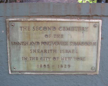 Plaque, Second Cemetery of the Spanish and Portuguese Synagogue, South Side of 11th Street Near Sixth Avenue, Greenwich Village
