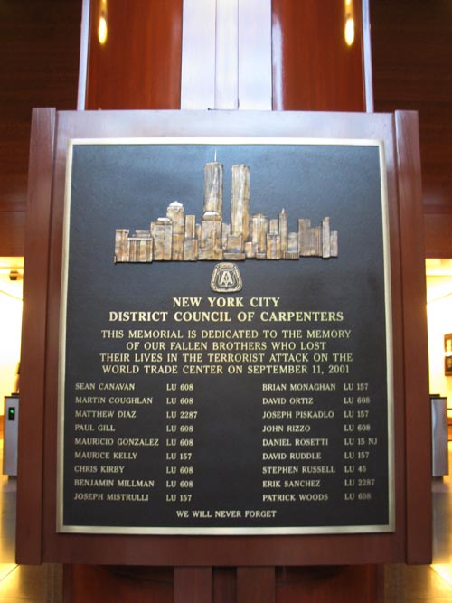 New York City District Council of Carpenters 9/11 Memorial Plaque, 395 Hudson Street, West Village, Manhattan, August 17, 2011