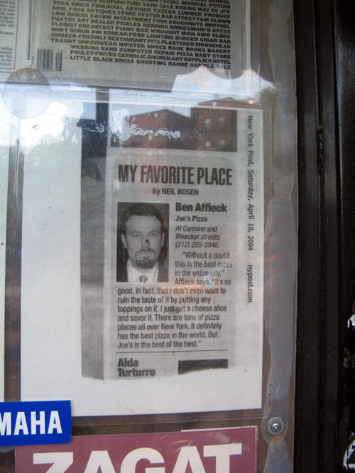 Ben Affleck Testimonial, Joe's Pizza, 7 Carmine Street, West Village, Manhattan