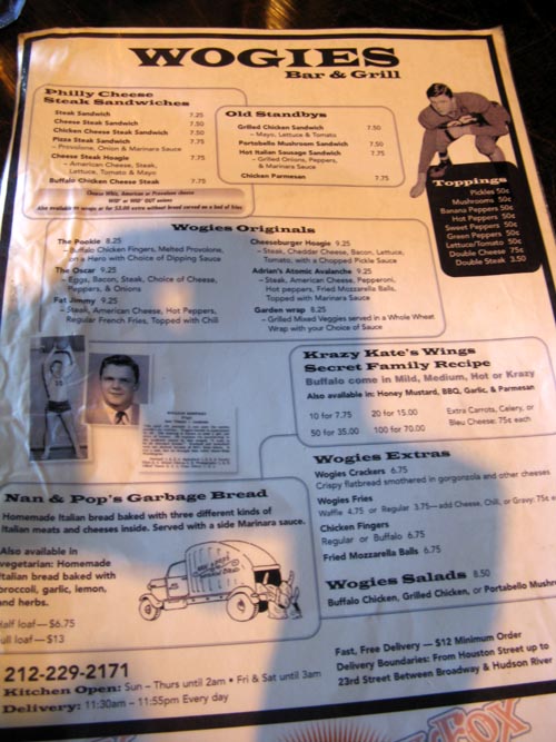 Menu, Wogie's Bar & Grill, 39 Greenwich Avenue, West Village, Manhattan, October 7, 2009