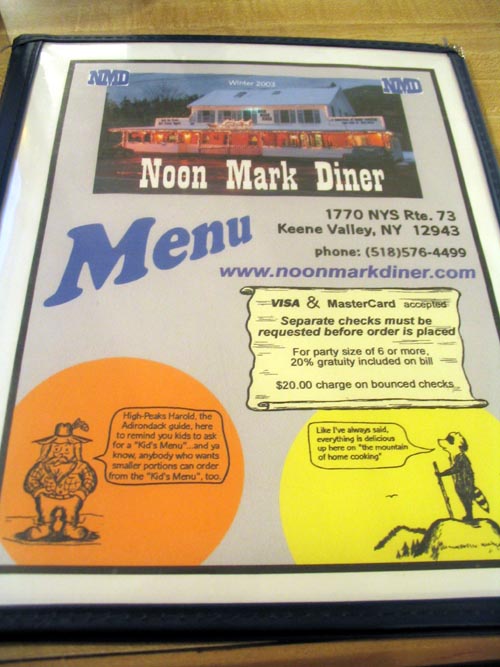 Menu, Noon Mark Diner, 1770 New York State Route 73, Keene Valley, New York