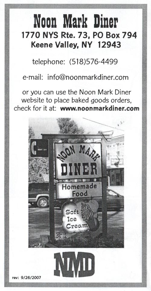 Pie Mailorder Menu, Noon Mark Diner, 1770 New York State Route 73, Keene Valley, New York