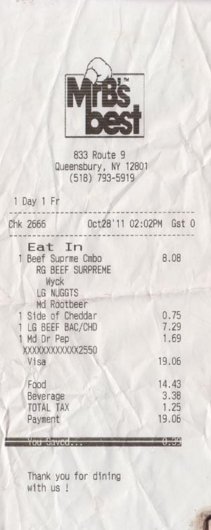 Receipt, Mr B's Best Beef & Subs, 833 State Route 9, Queensbury, New York, October 28, 2011