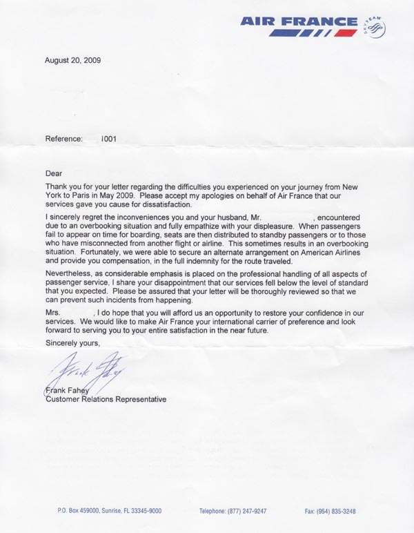 Air France Apology Letter, August 20, 2009