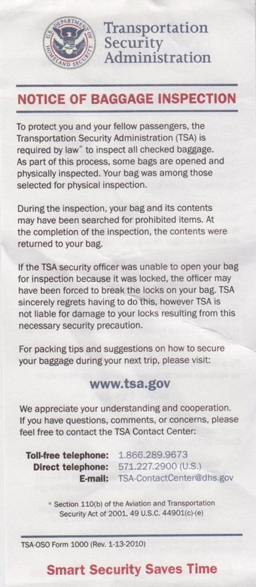 Transportation Security Administration Notice of Baggage Inspection Slip
