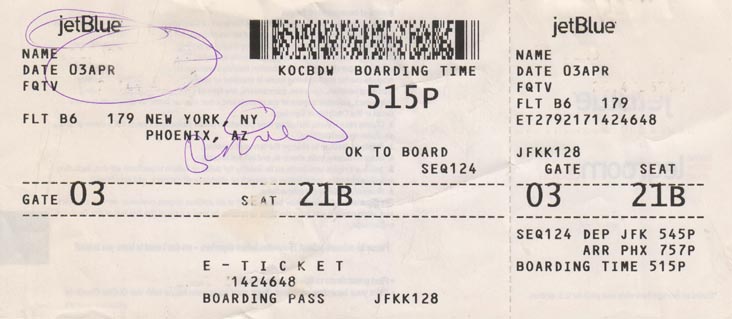 Boarding Pass, JetBlue Flight 179, April 3, 2012