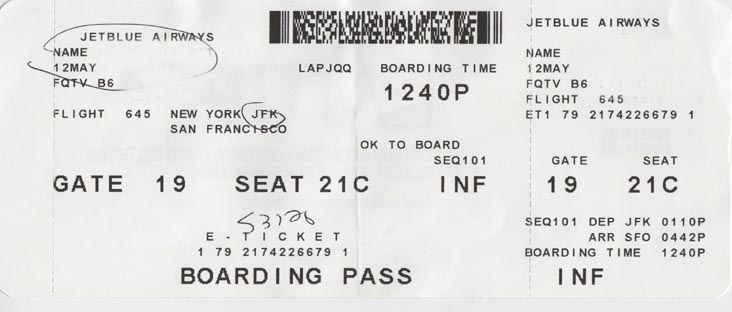 Boarding Pass, JetBlue 645, May 12, 2012