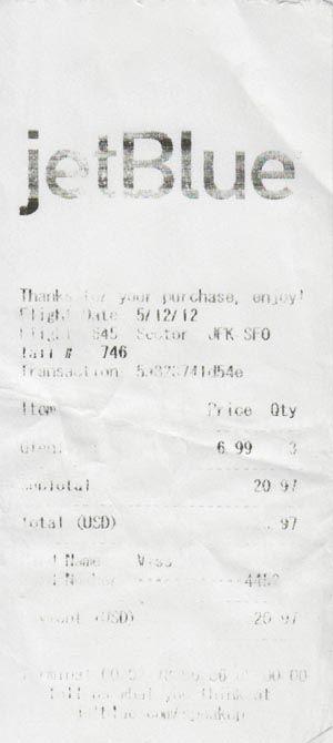 Receipt, JetBlue 645, May 12, 2012