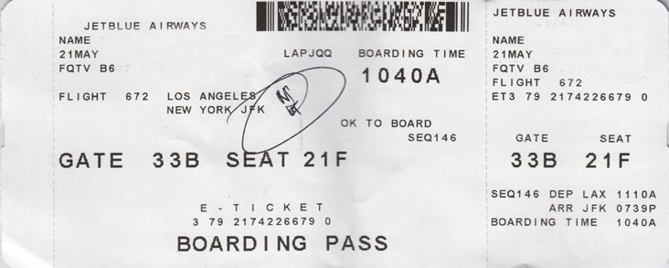 Boarding Pass, JetBlue 672, May 21, 2012