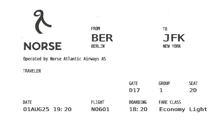 Ticket, Norse Atlantic Airways Flight 601, August 1, 2025