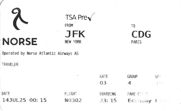 Ticket, Norse Atlantic Airways Flight 302, July 14, 2025