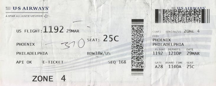 Ticket, US Airways 1192, March 29, 2013