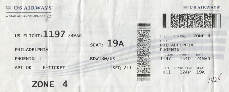 Ticket, US Airways 1197, March 24, 2013