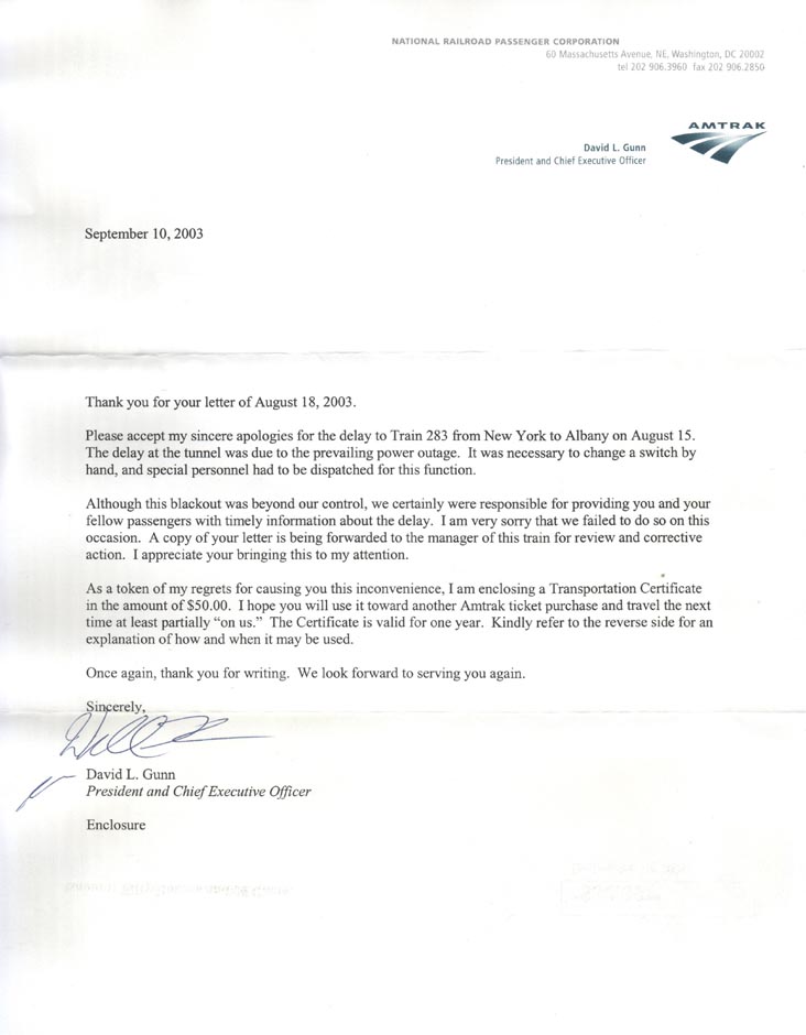 Apology Letter From Amtrak President and CEO David L. Gunn Dated September 10, 2003