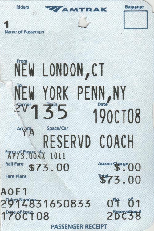 Ticket Stub, Amtrak Northeast Regional Train No. 135, October 19, 2008