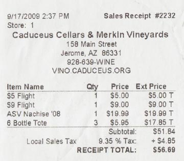 Receipt, Caduceus Cellars Tasting Room, 158 Main Street, Jerome, Arizona