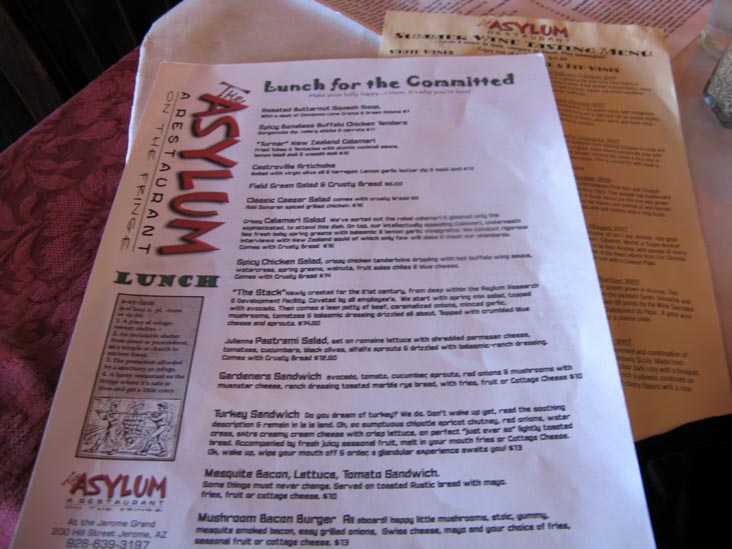Lunch Menu, The Asylum, Jerome Grand Hotel, 200 Hill Street, Jerome, Arizona