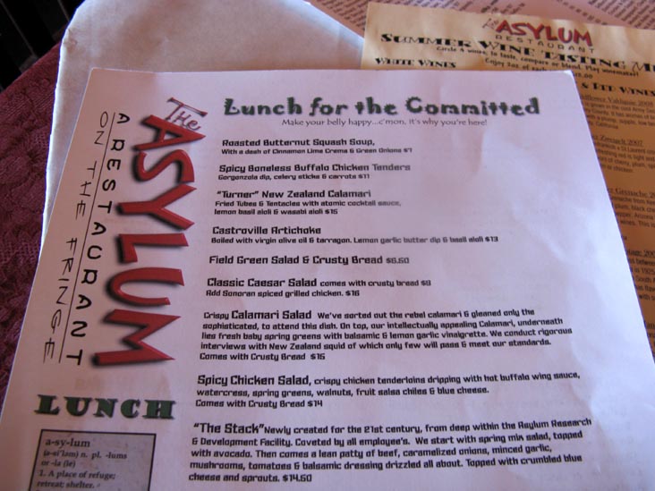 Lunch Menu, The Asylum, Jerome Grand Hotel, 200 Hill Street, Jerome, Arizona