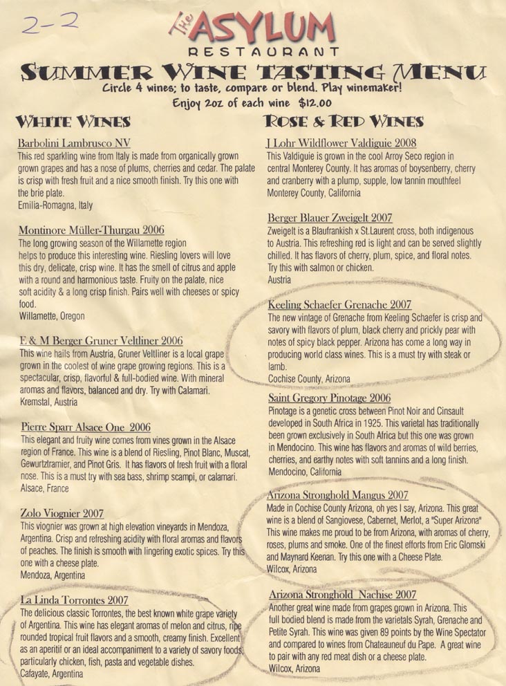 Wine Tasting Menu, The Asylum, Jerome Grand Hotel, 200 Hill Street, Jerome, Arizona