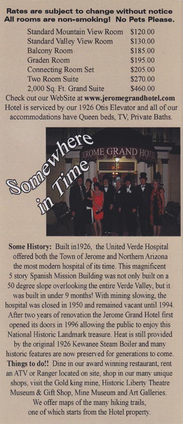 Brochure, Jerome Grand Hotel, 200 Hill Street, Jerome, Arizona