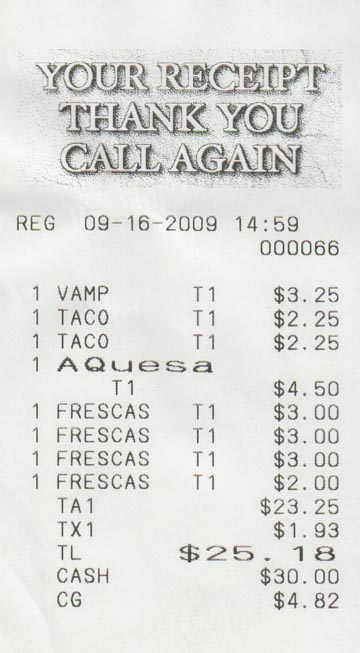 Receipt, America's Taco Shop, 2041 North 7th Street, Phoenix, Arizona
