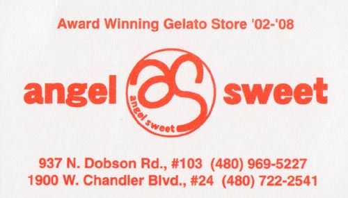 Business Card, Angel Sweet Gelato, 1900 West Chandler Boulevard, Chandler, Arizona