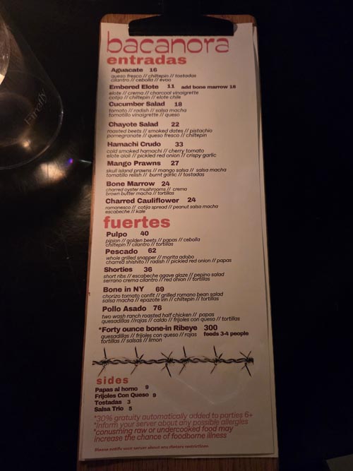 Menu, Bacanora, Phoenix, Arizona, February 17, 2026