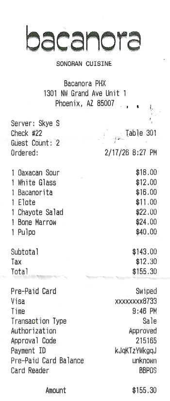 Check, Bacanora, Phoenix, Arizona, February 17, 2026