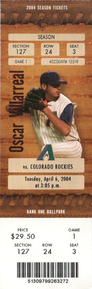 Ticket Stub, Arizona Diamondbacks vs. Colorado Rockies, April 6, 2004